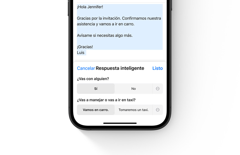 Se muestran opciones de Respuestas Inteligentes en la app Mail de un iPhone.