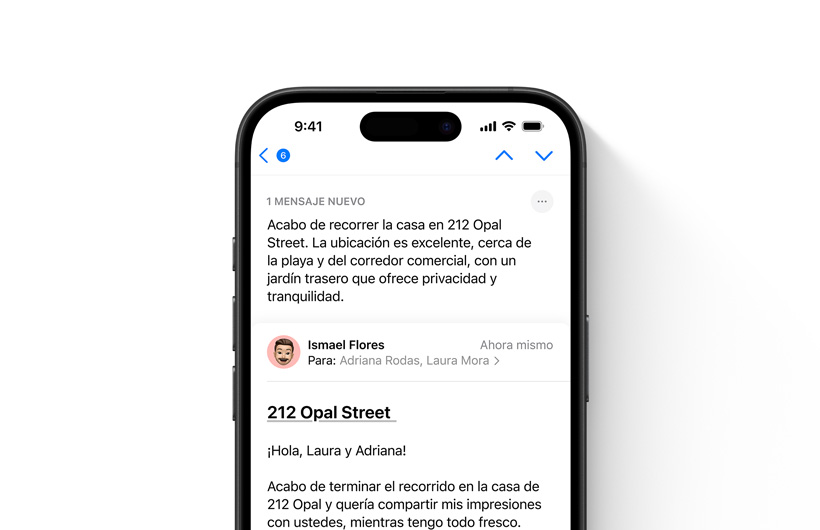 Un email en la app Mail con su correspondiente resumen en la parte superior.