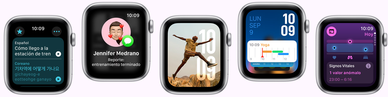 Cinco pantallas de Apple Watch muestran la app Traducir, la app Reporte, la carátula Fotos, la carátula Modular y la app Signos Vitales.