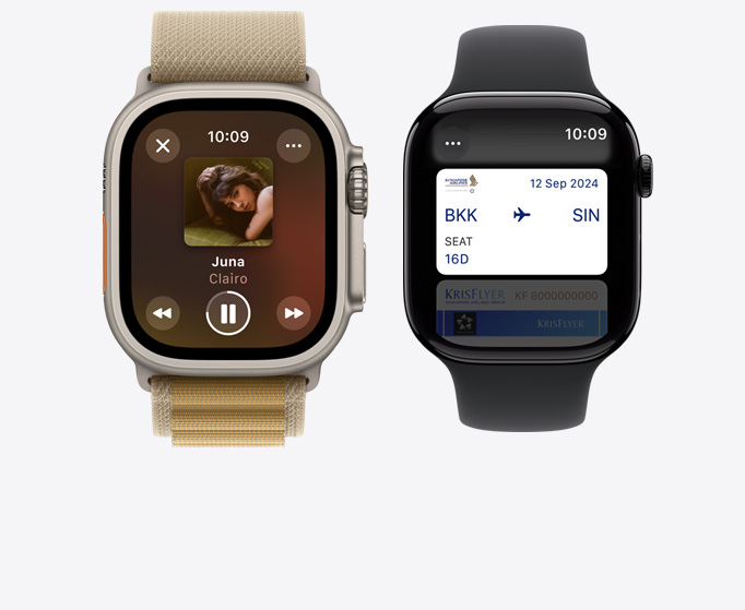 Front view of an Apple Watch Ultra 2 and Apple Watch Series 10 showing music playing.