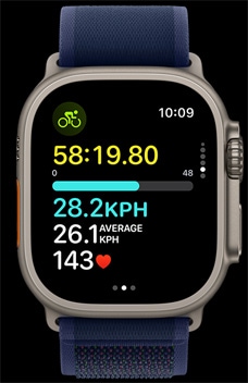 Apple Watch Ultra 2 pokazujący, jak szybko osoba jedzie na rowerze.