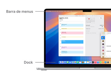 Visita guiada à navegação do macOS, como a barra de menus na parte superior do ecrã do dispositivo MacBook e Dock.