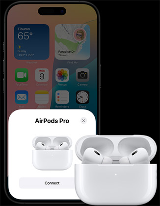 O carcasă de încărcare deschisă, cu căștile AirPods 4 în interior, lângă un iPhone care arată că acestea s-au conectat.