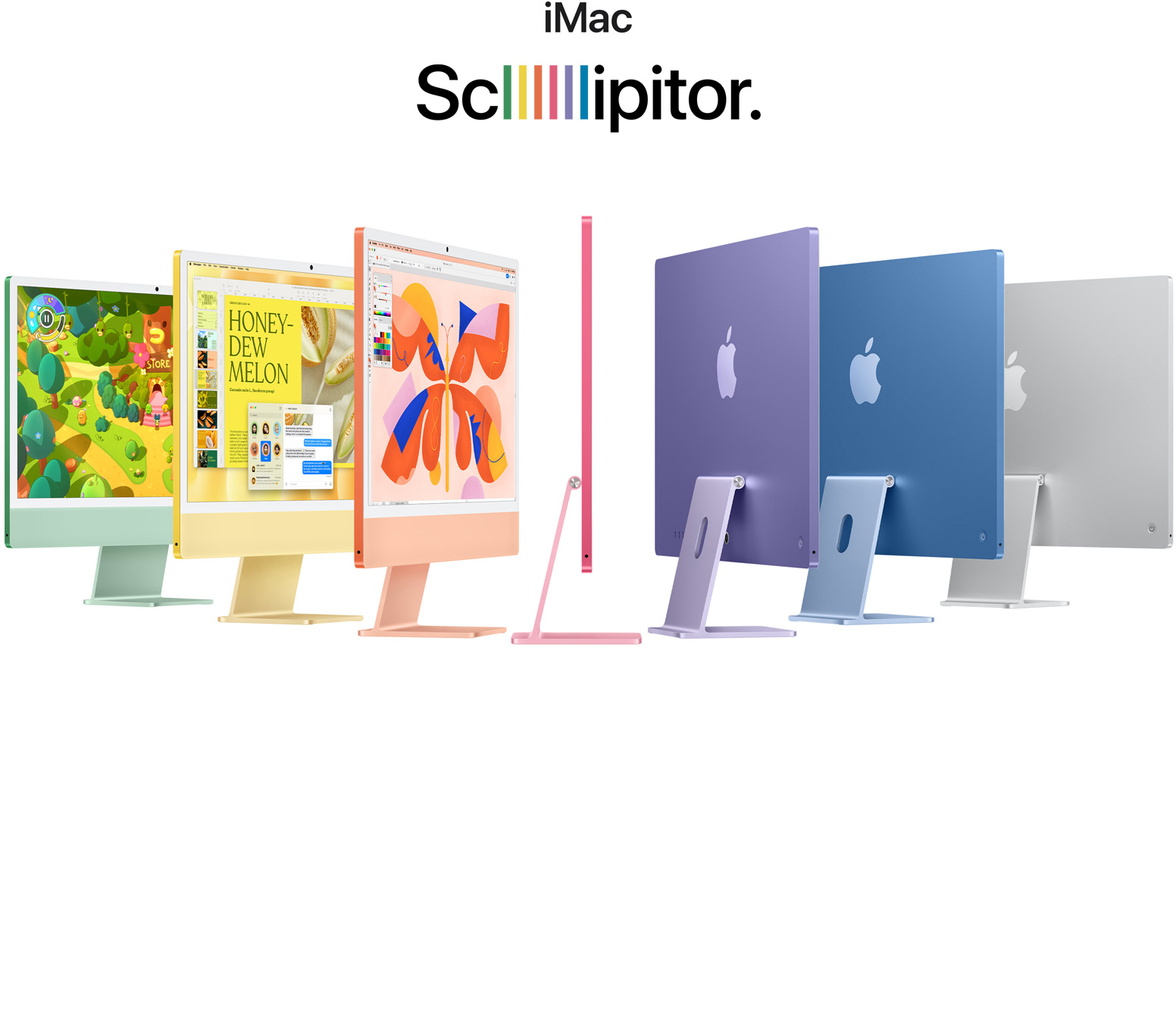 7 computere iMac în culori diferite (Verde, Galben, Portocaliu, Roz, Violet, Albastru, Argintiu) aranjate sub forma unui acordeon