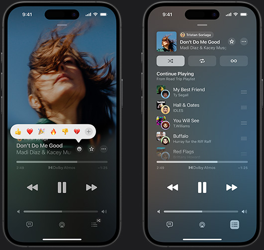 iPhone on left showing Don't Do Me Good by Madi Diaz and Kacey Musgraves playing on screen with reaction emoji prompt showing options to thumbs up, heart, celebrate, thumbs down or add another reaction, iPhone on right showing Collaborative playlist called Road Trip Playlist with multiple songs added by other contributors