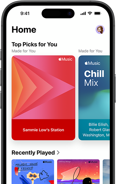 Apple Music Home tab screen on iPhone, Top Picks for You carousel showing Jenny Court’s personalised stations and playlists