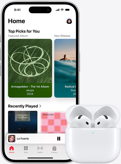 iPhone 16 playing music next to AirPods