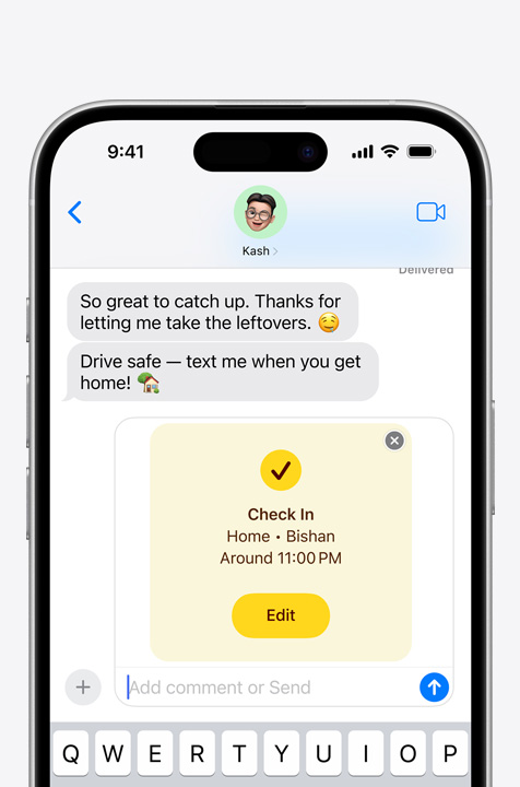 Text exchange showing “Check-in” safety feature.