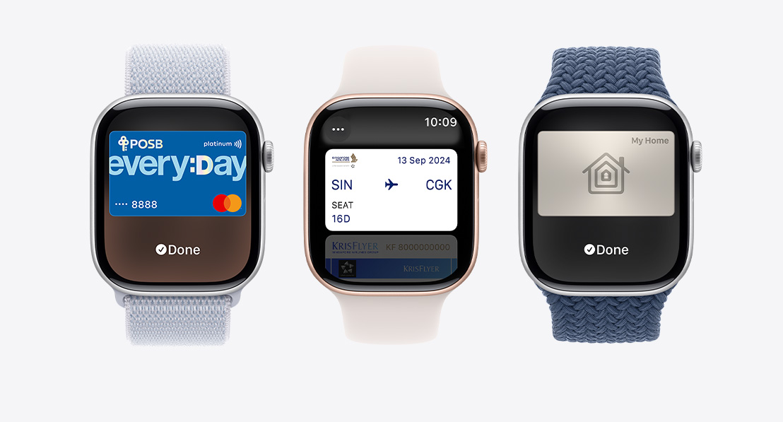 Three Apple Watch Series 10. The first shows a card being used with Apple Pay. The second shows a transit card being used with the Wallet App. The third shows a home key being used through the Wallet app.