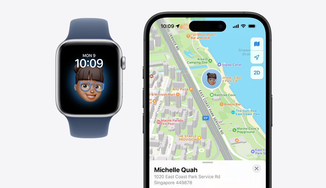 An Apple Watch SE with a child's face on the screen next to an iPhone 16 showing the child's location on the Find My app.