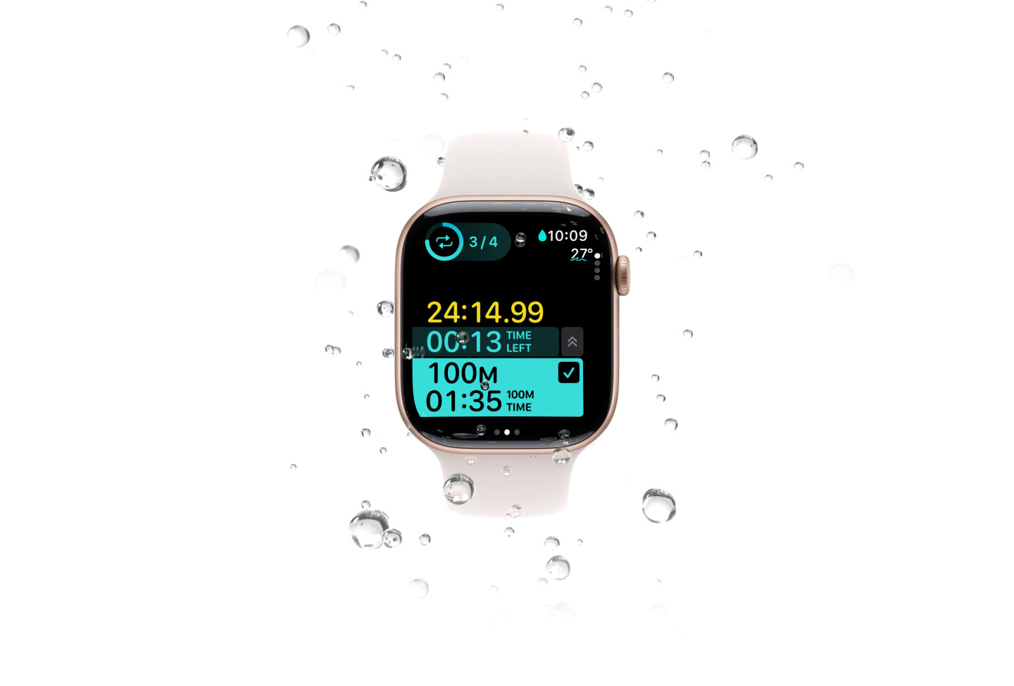 A swim workout with metrics including water temperature on an Apple Watch Series 10, surrounded by water bubbles.