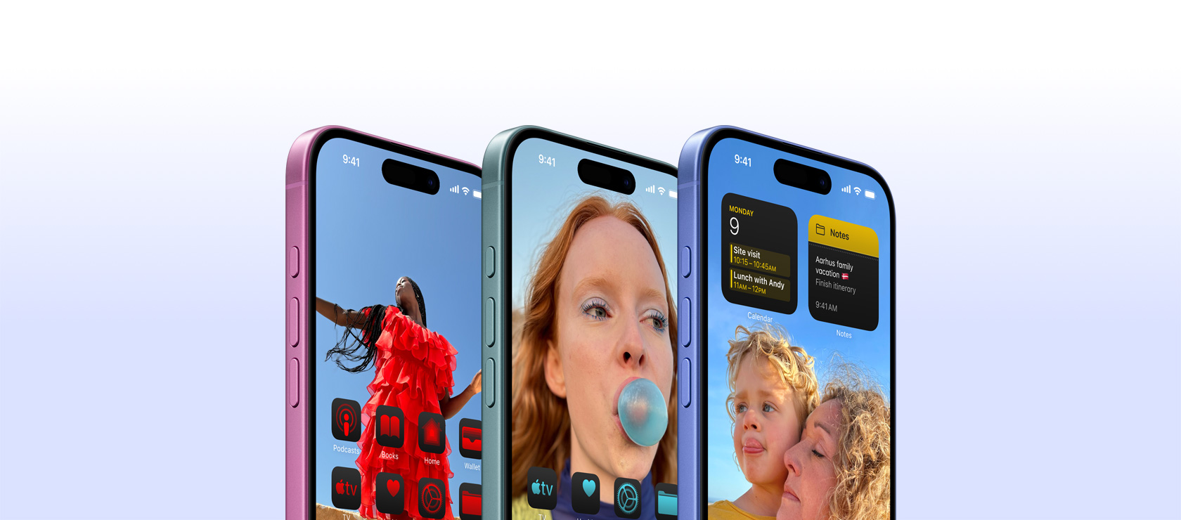 The pink, teal, and ultramarine models of the iPhone 16 all display the apps and widgets of iOS 18.8