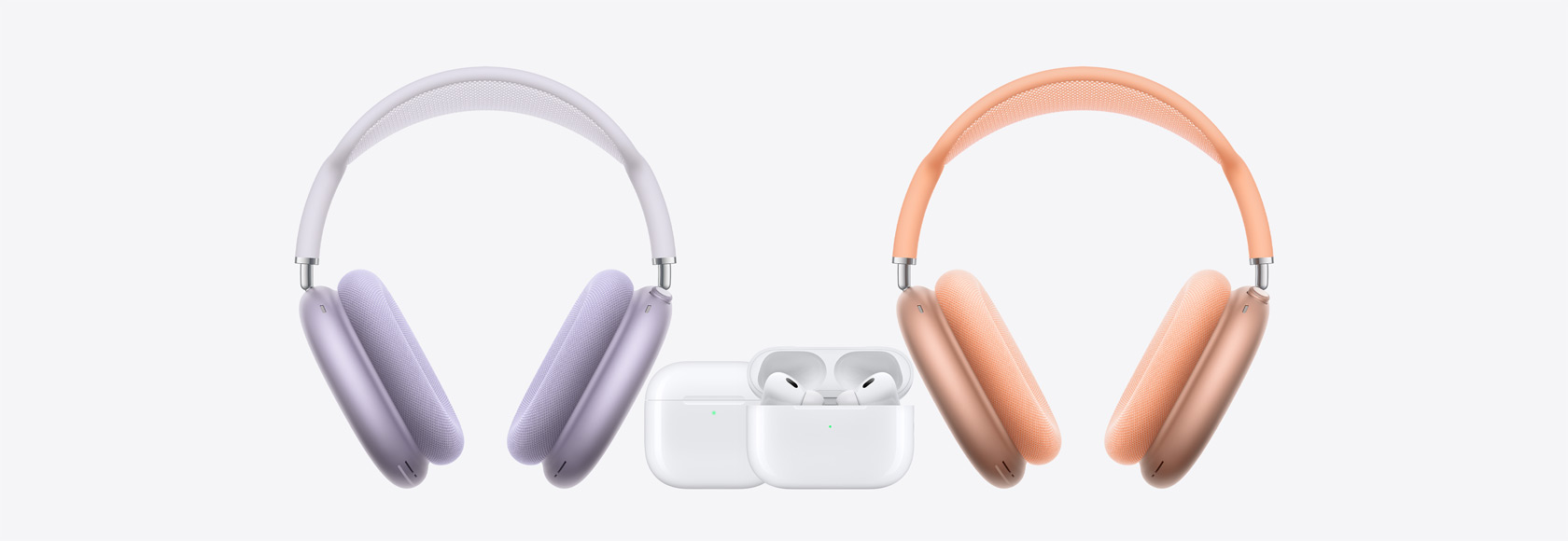 AirPods Max on left and right with AirPods 4 and AirPods Pro 2 in the center.