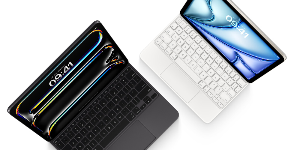 มุมมองจากบนลงล่างของ iPad Pro ที่ติดเข้ากับ Magic Keyboard สีดำสำหรับ iPad Pro และ iPad Air ที่ติดเข้ากับ Magic Keyboard สีขาว