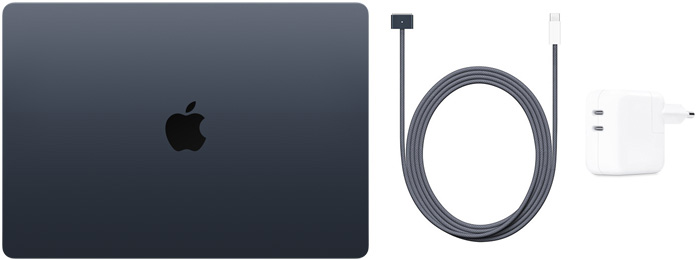 MacBook Air รุ่น 15 นิ้ว, สาย USB-C เป็น MagSafe 3 และอะแดปเตอร์แปลงไฟ USB-C แบบพอร์ตคู่ขนาด 35 วัตต์