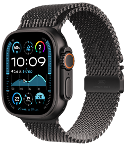 Apple Watch Ultra 2 พร้อมตัวเรือนไทเทเนียมดำ และสายแบบ Milanese Loop ไทเทเนียมดำ