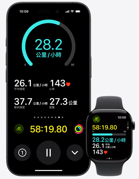 iPhone 擺放在 Apple Watch 旁邊，螢幕上顯示自行車騎行體能訓練的測量指標