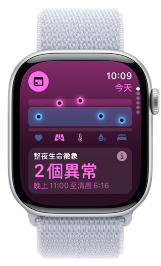 Apple Watch 螢幕顯示整夜生命徵象，有 2 項異常數值。