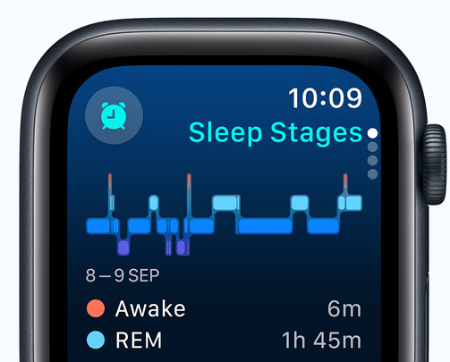 Sleep app screen displaying Sleep stages, minutes awake, and minutes in REM sleep