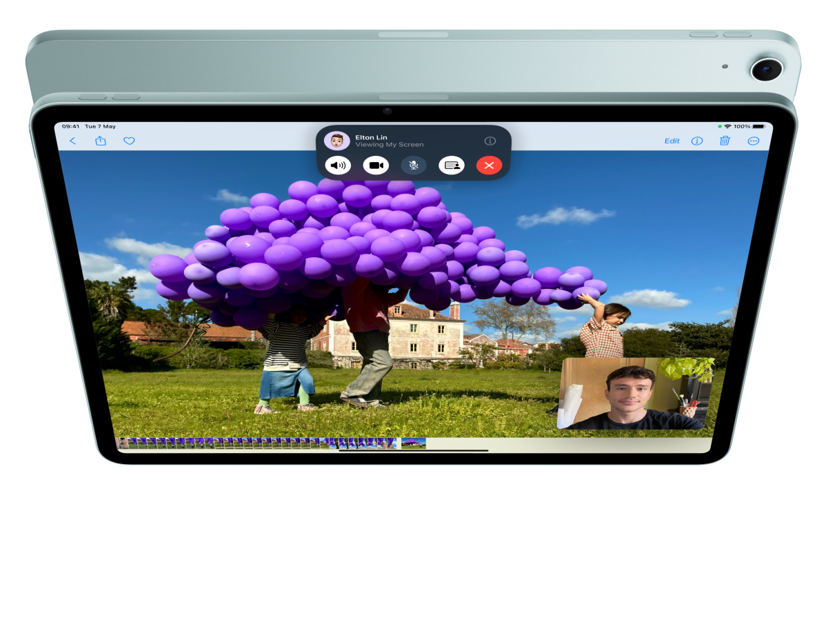 Animation of iPad Air, front exterior, user is on FaceTime and looking at photos, in front of another iPad Air, back exterior