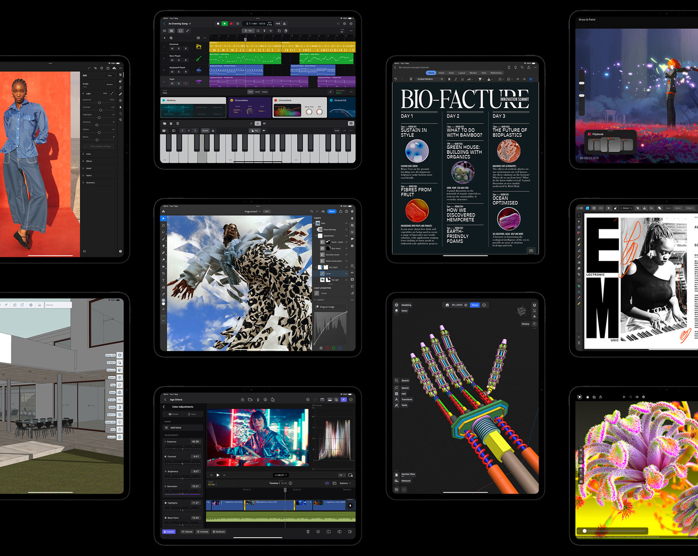 Ten iPad Pro displays showcasing different apps like Adobe Lightroom for iPad, Trimble SketchUp, Logic Pro for iPad, Adobe Photoshop, Final Cut Pro for iPad, Microsoft Word, Shapr3D, Procreate Dreams, Affinity Designer 2 for iPad, Octane X