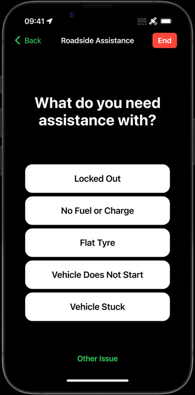 iPhone 16e showing connectivity features like Messages via Satellite, Find My, Roadside Assistance, and Emergency SOS.