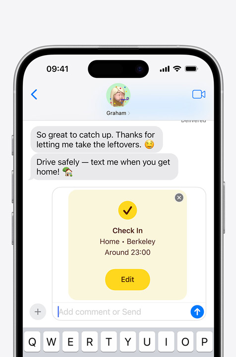 Text exchange showing Check-in safety feature.