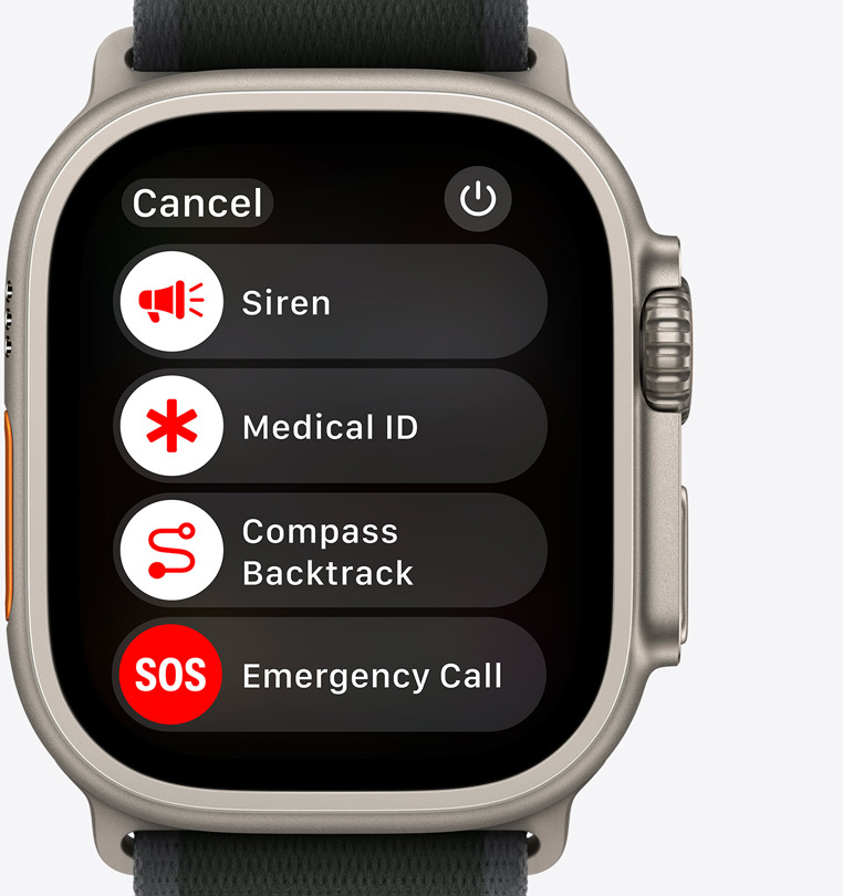 Front view of an Apple Watch Ultra 2 showing Siren, Medical ID, Compass Backtrack and Emergency Call buttons.