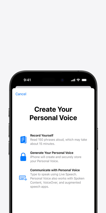 Schermata di un iPhone 16 Pro con la funzione Voce personale e le istruzioni per creare la propria voce personale