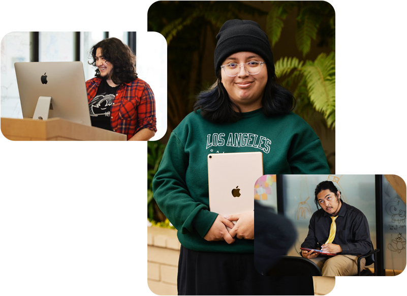 Tre foto di studenti del programma Exceptional Minds: uno lavora su un Mac, un’altra tiene in mano un iPad mostrandone la parte posteriore, e un terzo studente osserva un modello e disegna su un iPad con Apple Pencil