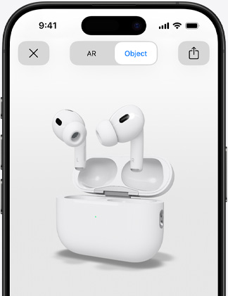 An iPhone screen shows augmented reality rendering of AirPods Pro.