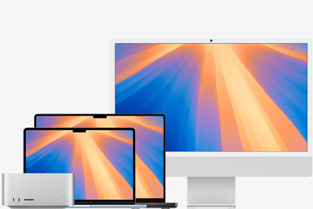 Mac Studio, MacBook Air in Sky Blue, MacBook Pro in Space Black, and iMac in Silver