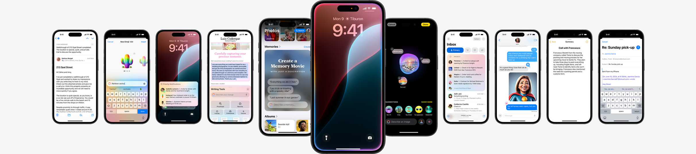 Static image of multiple iPhones showing Apple Intelligence features.
