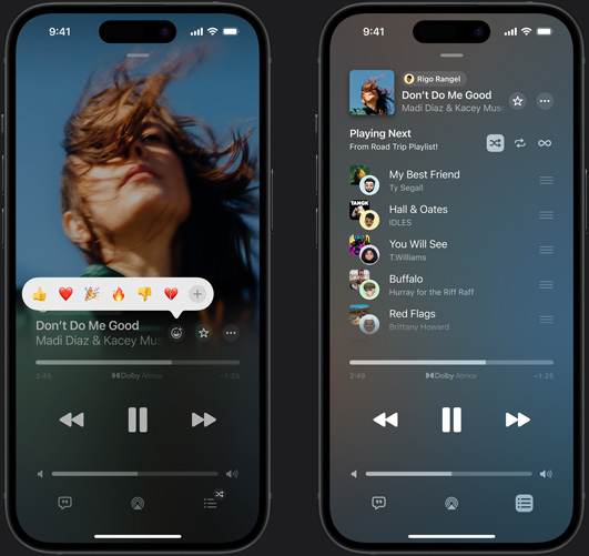 iPhone on left showing Don't Do Me Good by Madi Diaz and Kacey Musgraves playing on screen with reaction emoji prompt showing options to thumbs up, heart, celebrate, thumbs down, or add another reaction, iPhone on right showing Collaborative playlist called Road Trip Playlist with multiple songs added by other contributors