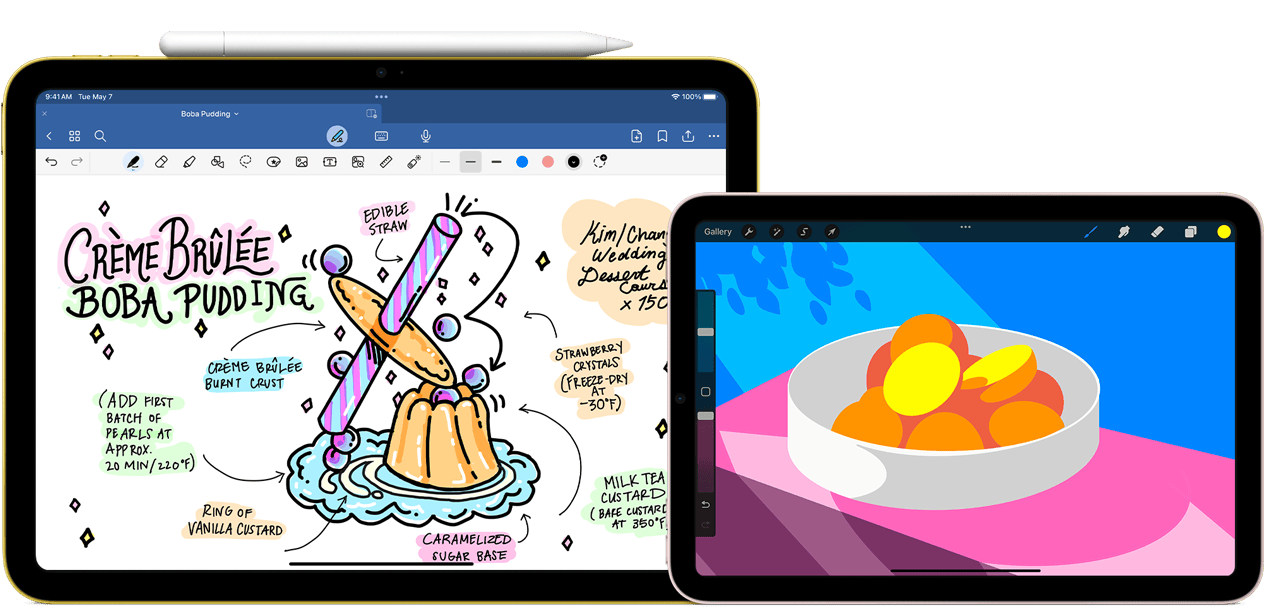 On left, iPad 10th generation, landscape orientation, displaying a graphic with notes and a drawing with Apple Pencil USB-C attached at top. On right, iPad mini, landscape orientation showing a colorful illustration made with ProCreate.