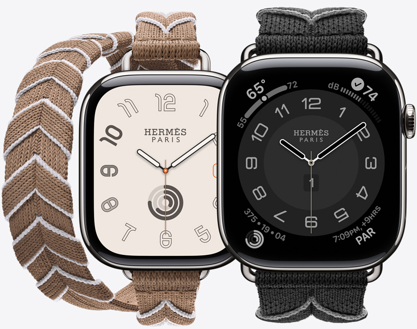 Front view of the continuous knit Bridon Attelage Double Tour and Bridon Single Tour bands in Beige de Weimar/Blanc (beige/white) and Noir/Gris (black/gray) with the Hermès Radial watch face and Hermès Circulaire watch face.