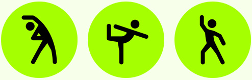 Three icons indicating Workout app activities including Cooldown, Yoga, and Dance