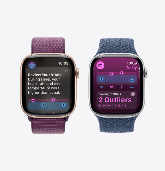 A review your vitals notification on an Apple Watch Series 10 and the Vitals app showing overnight vitals with two outliers on an Apple Watch Series 10.