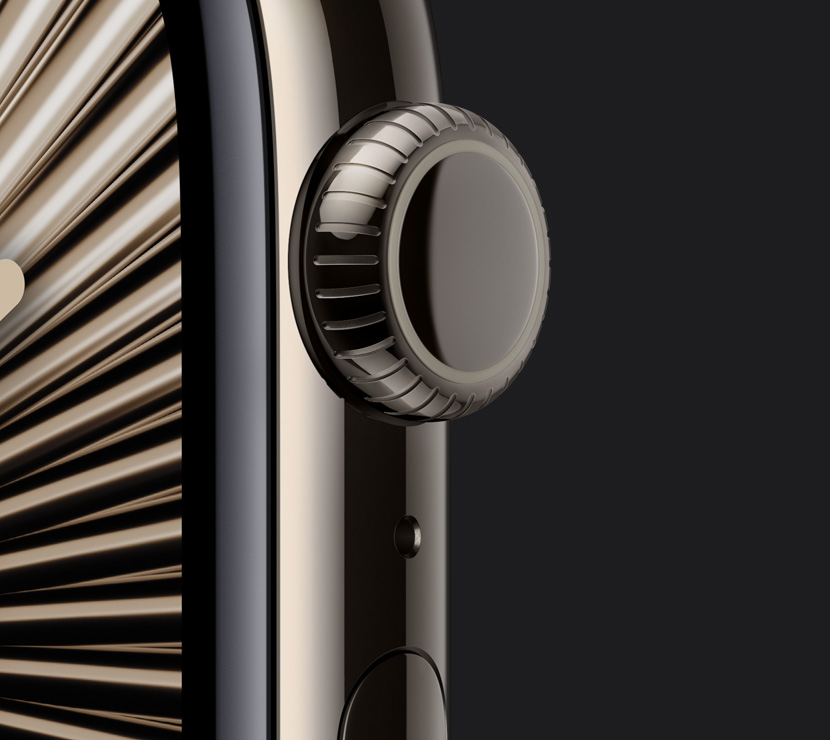 Close up of the Natural titanium finish on the Digital Crown.