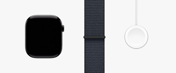 Lined up in a row: front view of Apple Watch Series 10 hardware, an Ink Sport Loop band, and Magnetic Fast Charger to USB-C Cable.