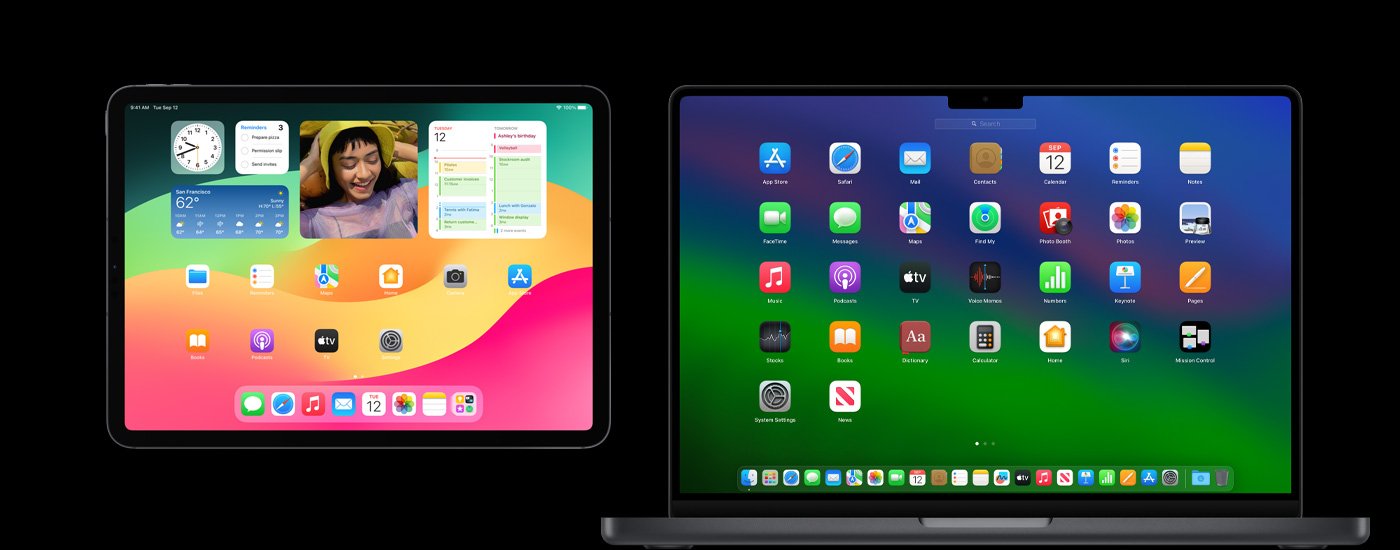 An iPad and a Mac displaying various app icons. The iPad shows several widgets, including Calendar, Weather, and Photos.