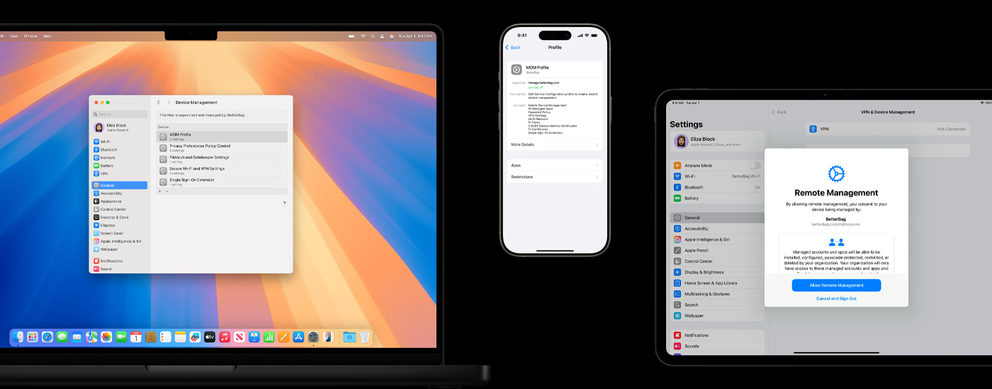 A display of three Apple devices: On the left, a Mac computer shows a Device Management window. In the center, an iPhone displays MDM (Mobile Device Management) profile settings. On the right, an iPad presents a Remote Management window.