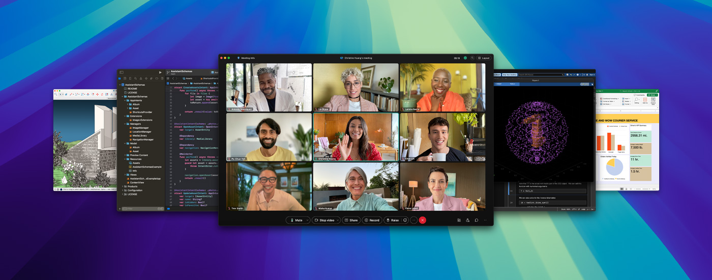 Meerdere app-schermen worden weergegeven, waaronder eentje met een vergadering in Zoom.