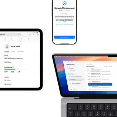 iPad, iPhone, and MacBook all featuring various components of Apple Business Manager.