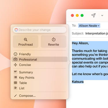A business email featuring an Apple Intelligence prompt.
