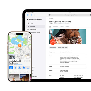 Front view of an iPad featuring a business's Apple Business Connect platform. In front of the iPad is an iPhone featuring the business's Apple Maps information.