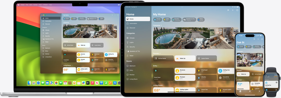 The Home app UI displayed on Mac, iPad, iPhone, and Apple Watch.