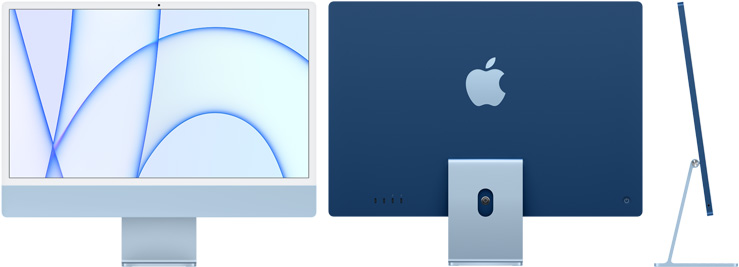 Front, back, and side view of iMac in blue