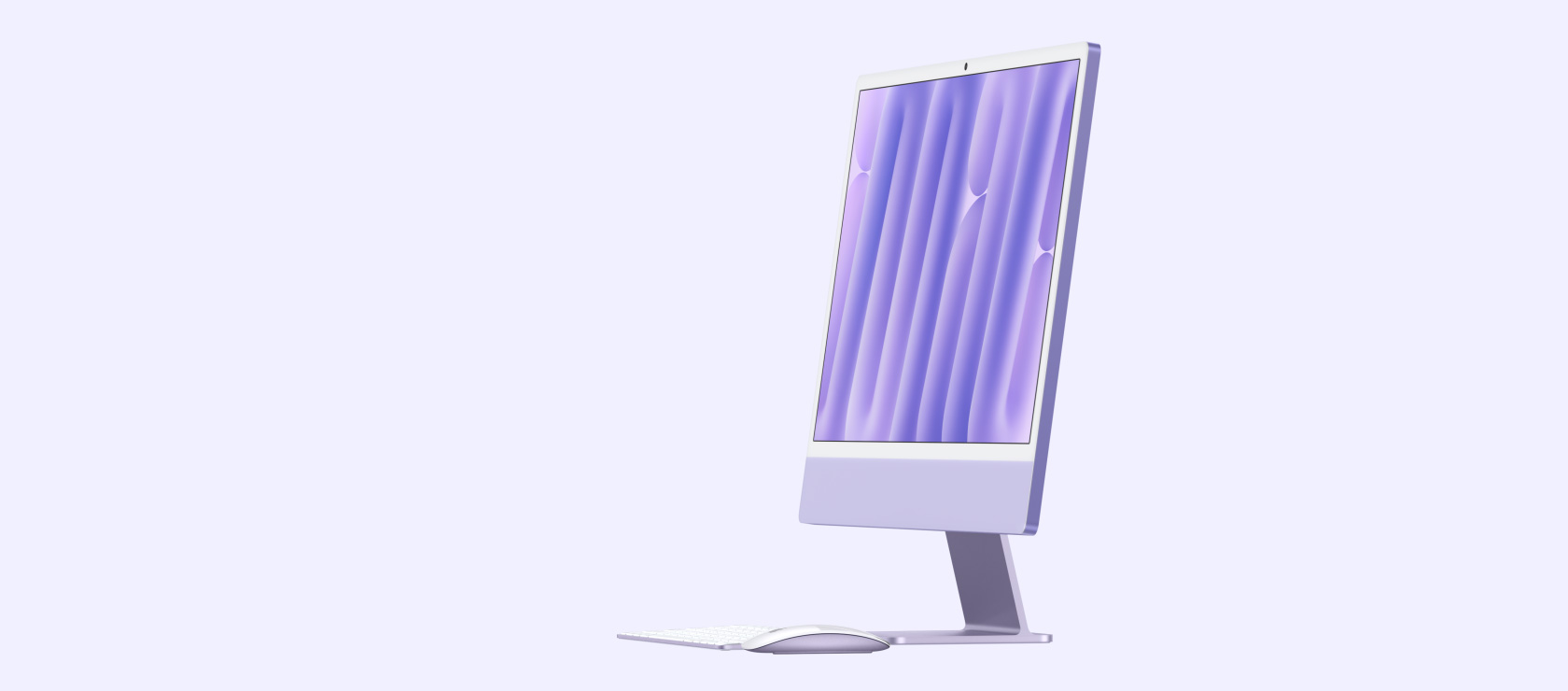 Acute angle view of an upright Purple iMac