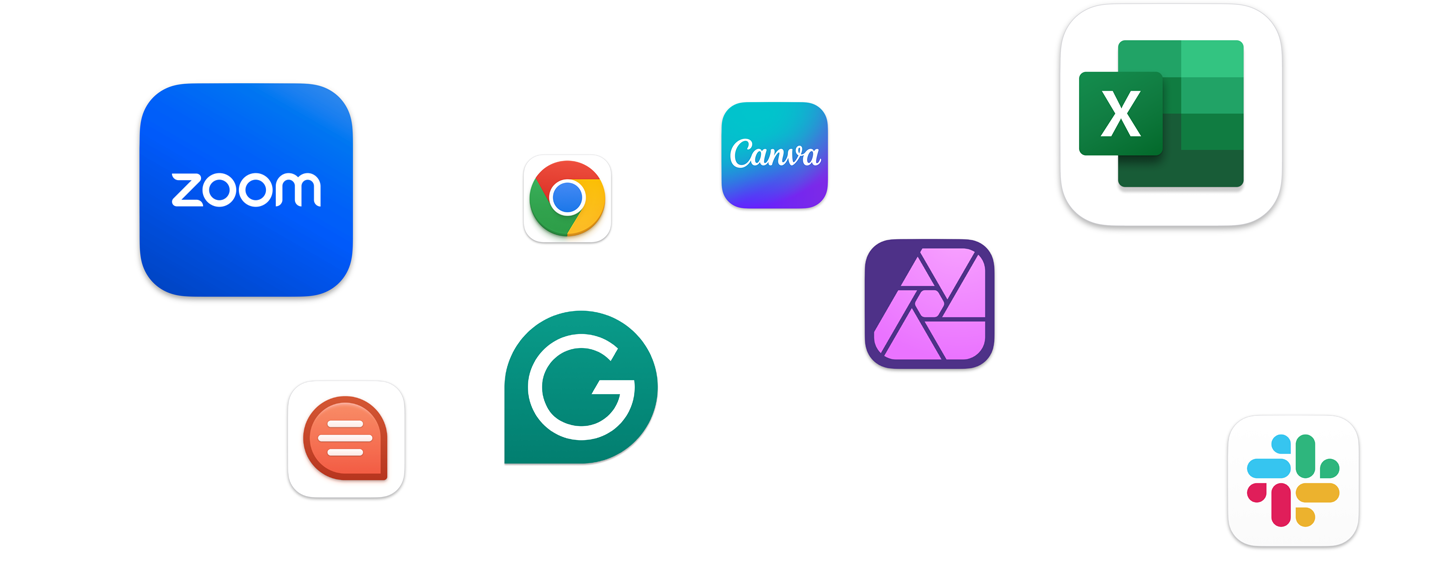 Various app icons floating on screen, including Zoom, Canva, Microsoft Excel, and Adobe Photoshop